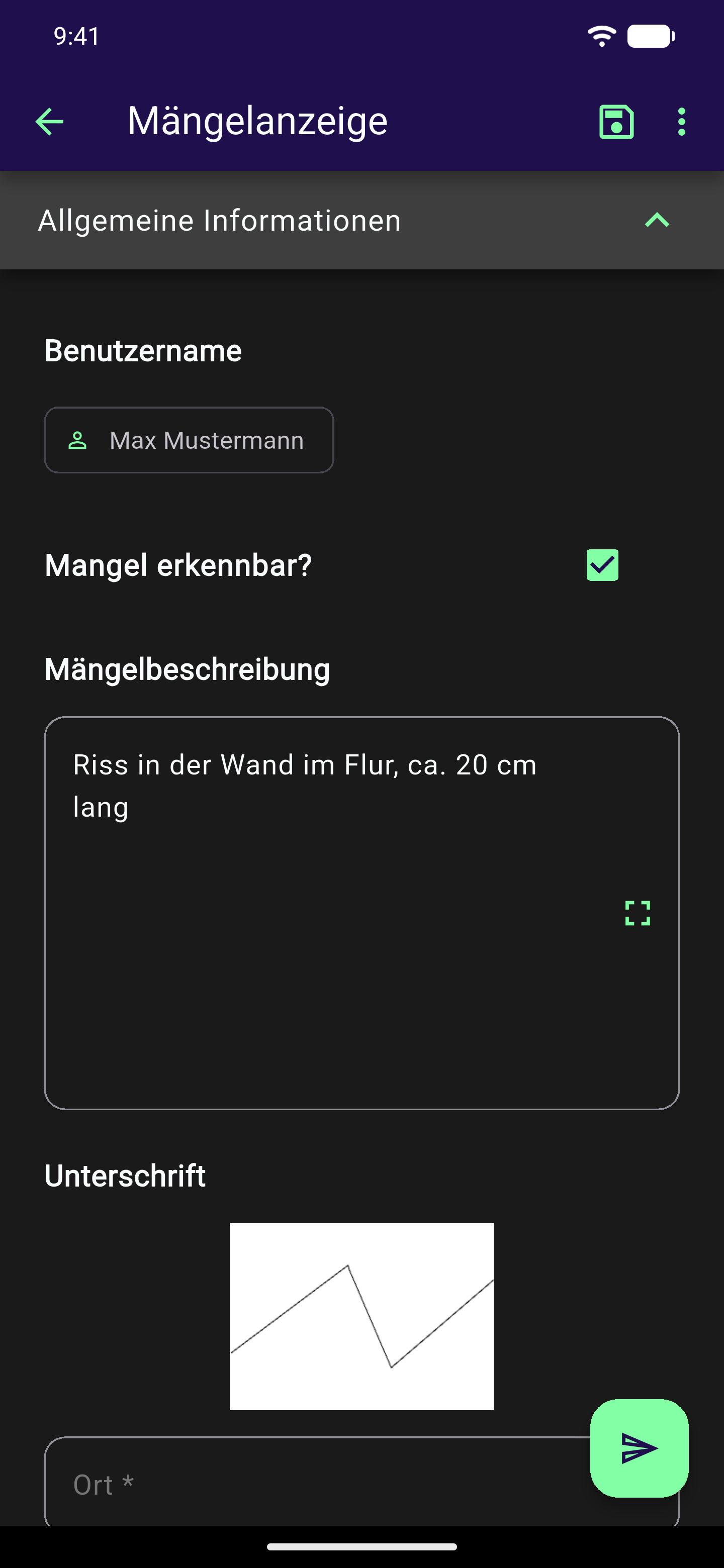 Ausgefüllte Mängelanzeige mit angehaktem Feld Mangel erkennbar, Mängelbeschreibung und erfasster Unterschrift