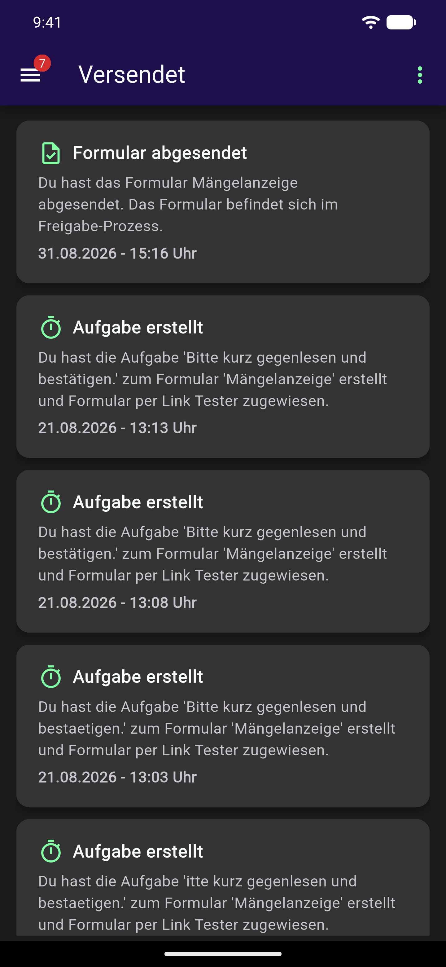 Bereich Versendet mit dem obersten Eintrag "Formular abgesendet" zur gerade abgeschickten Mängelanzeige samt Datum und Uhrzeit