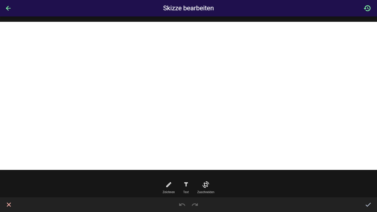 Leere weiße Zeichenfläche des Skizzen-Bausteins direkt nach dem Öffnen, mit den Werkzeugen Zeichnen, Text und Zuschneiden