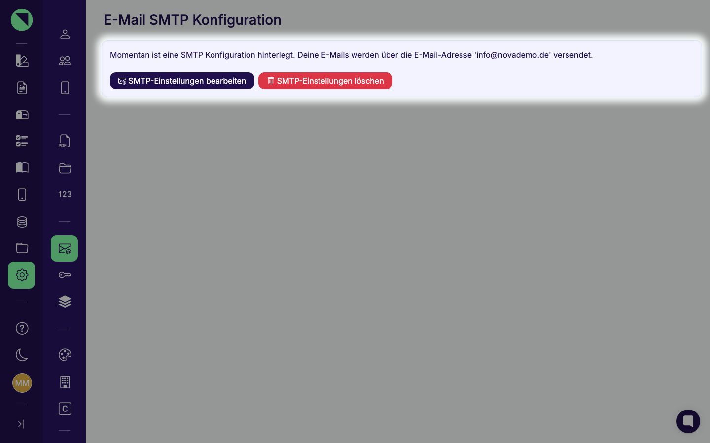 Info-Box im Zustand „Eigene Konfiguration vorhanden" mit der hinterlegten Absenderadresse und den Buttons „SMTP-Einstellungen bearbeiten" und „SMTP-Einstellungen löschen"