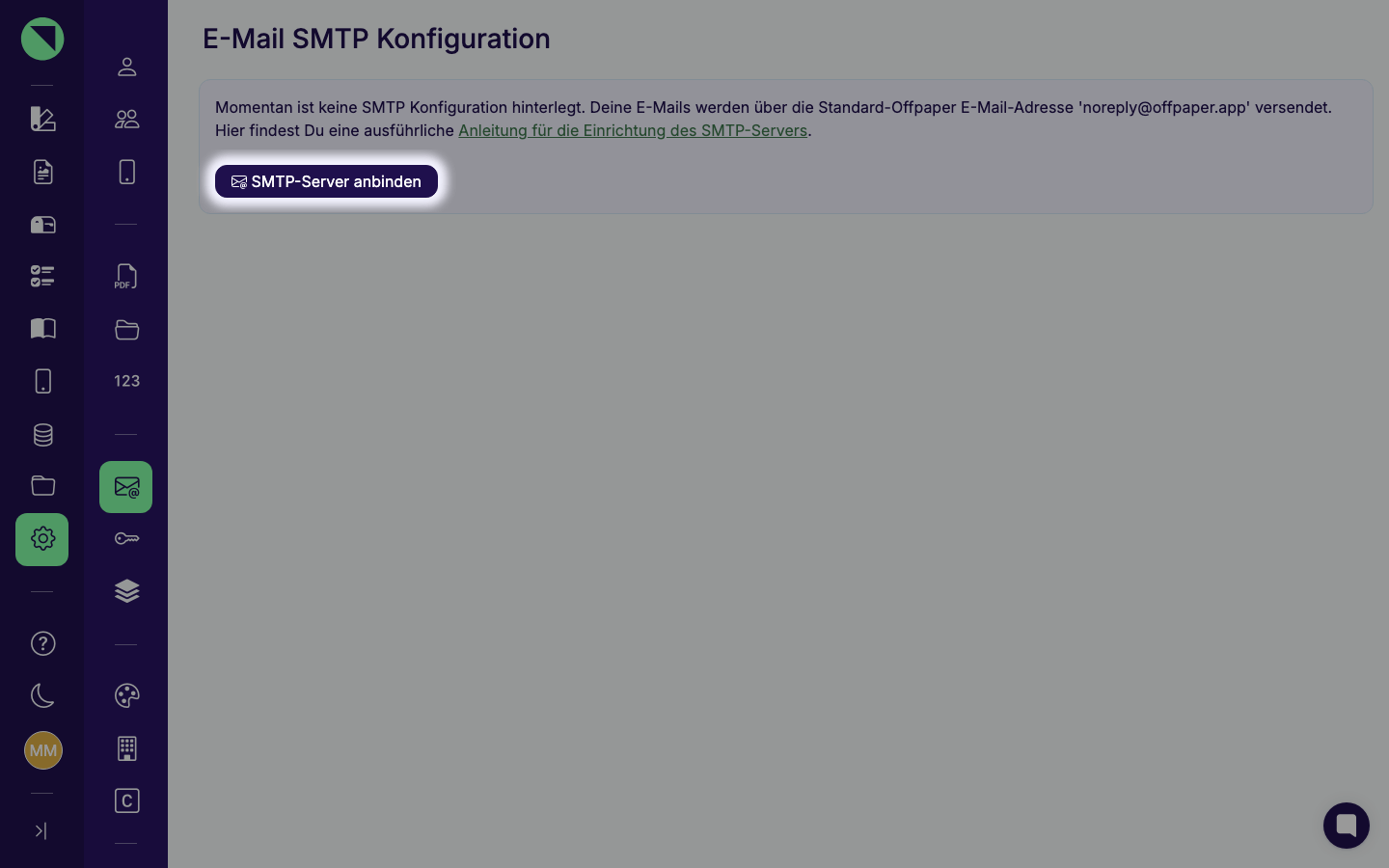 Seite E-Mail SMTP Konfiguration in Offpaper mit dem Button SMTP-Server anbinden