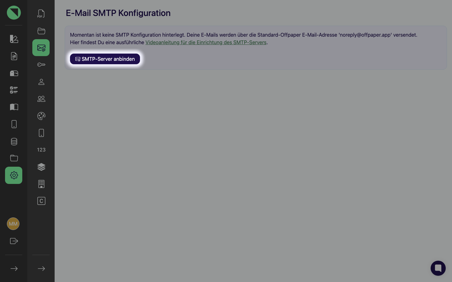 Seite E-Mail SMTP Konfiguration in Offpaper mit dem Button SMTP-Server anbinden