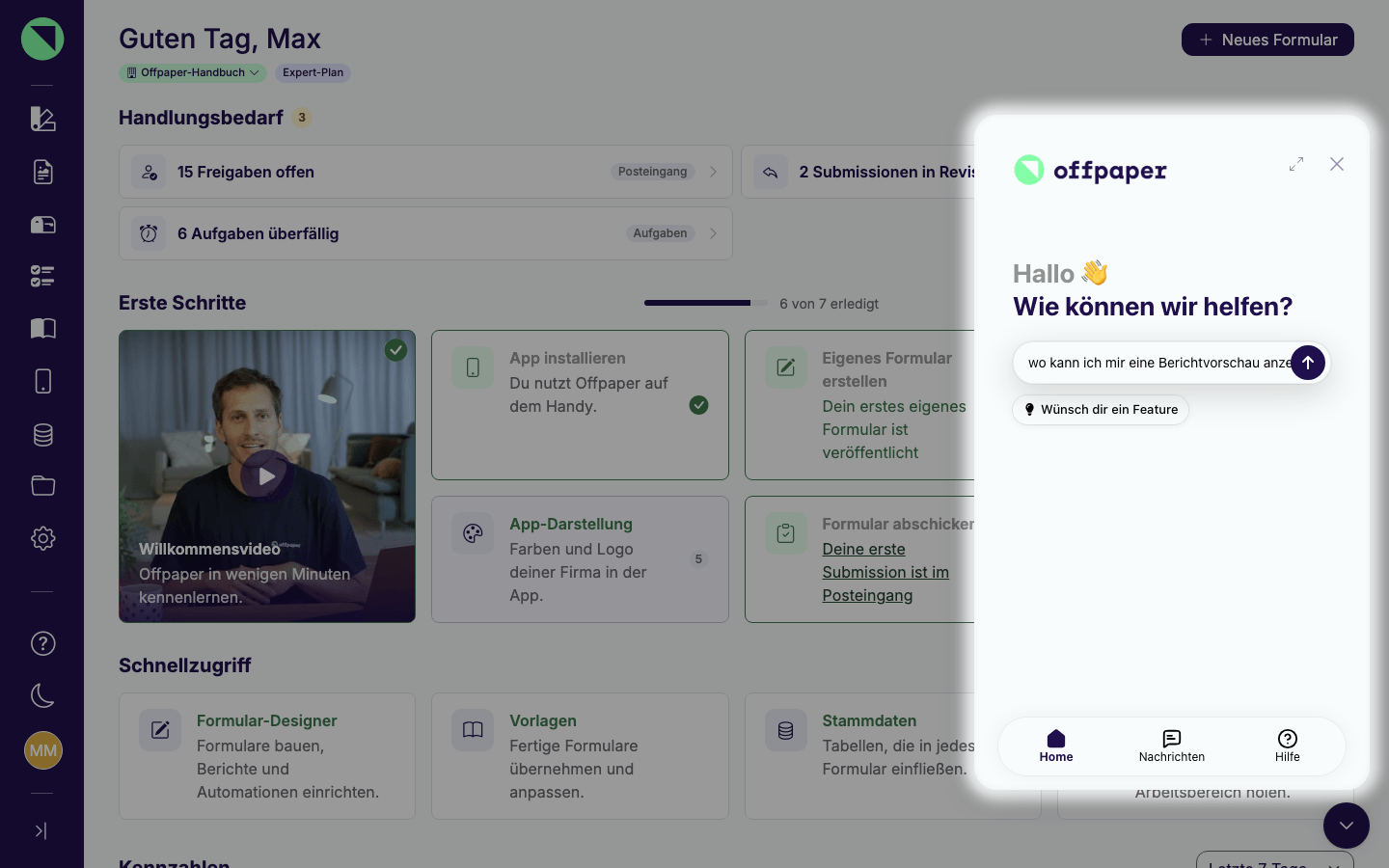 Geöffnetes Chat-Fenster rechts über der Startseite mit der Begrüßung „Wie können wir helfen?" und der eingetippten Frage, wo sich eine Berichtvorschau anzeigen lässt