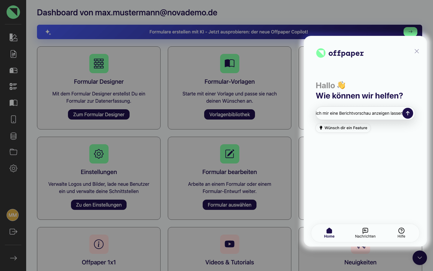 Geöffneter Chat mit der eingetippten Frage "wo kann ich mir eine Berichtvorschau anzeigen lassen"
