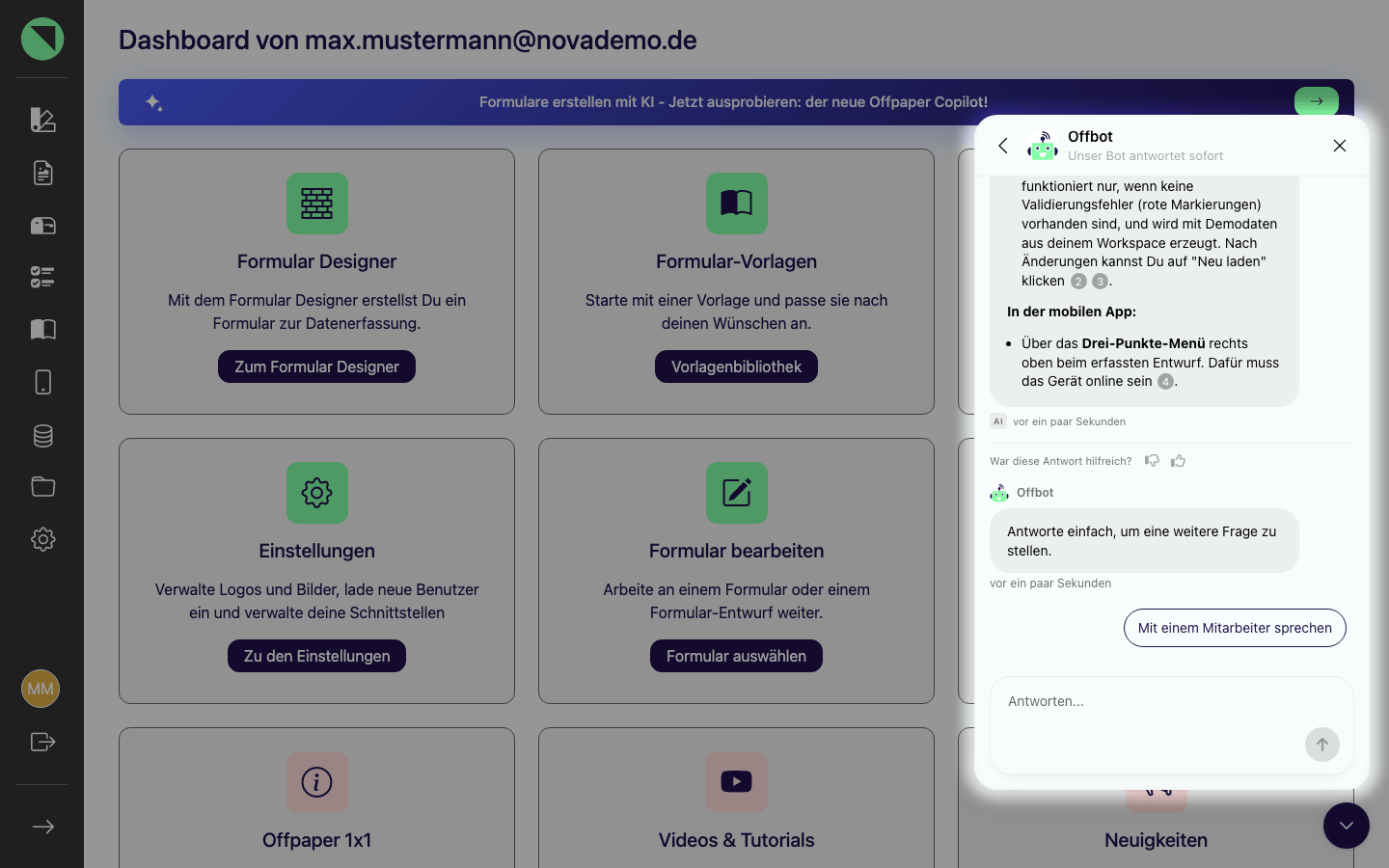 Antwort von Offbot auf die Frage zur Berichtvorschau, mit den Buttons "War diese Antwort hilfreich?" und "Mit einem Mitarbeiter sprechen"