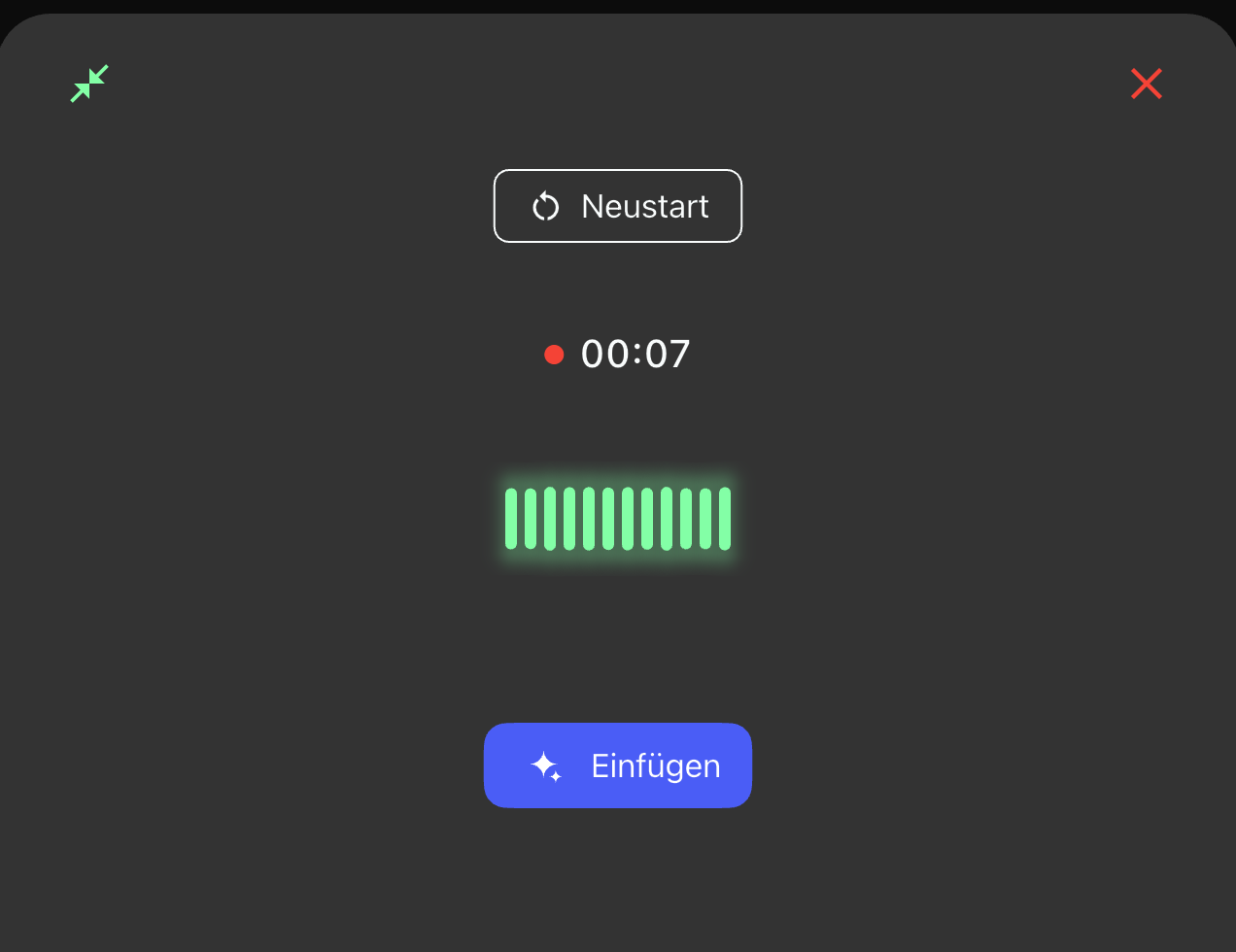 Aufnahmefenster mit Mikrofon-Anzeige, Timer und den Buttons Neustart, Abbrechen und Einfügen