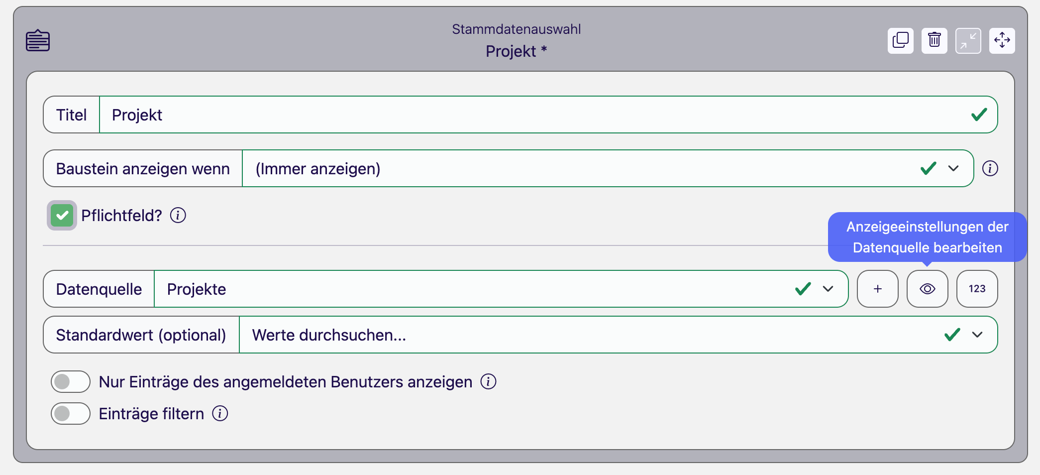 Baustein Stammdatenauswahl im Formular-Designer, neben der Datenquelle Projekte steht der Tooltip Anzeigeeinstellungen der Datenquelle bearbeiten über dem Augen-Symbol
