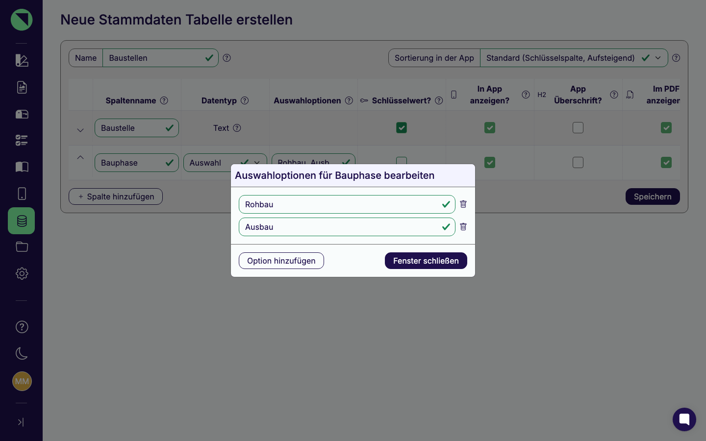 Modal „Auswahloptionen für Bauphase bearbeiten" mit den angelegten Optionen Rohbau und Ausbau sowie den Buttons Option hinzufügen und Fenster schließen