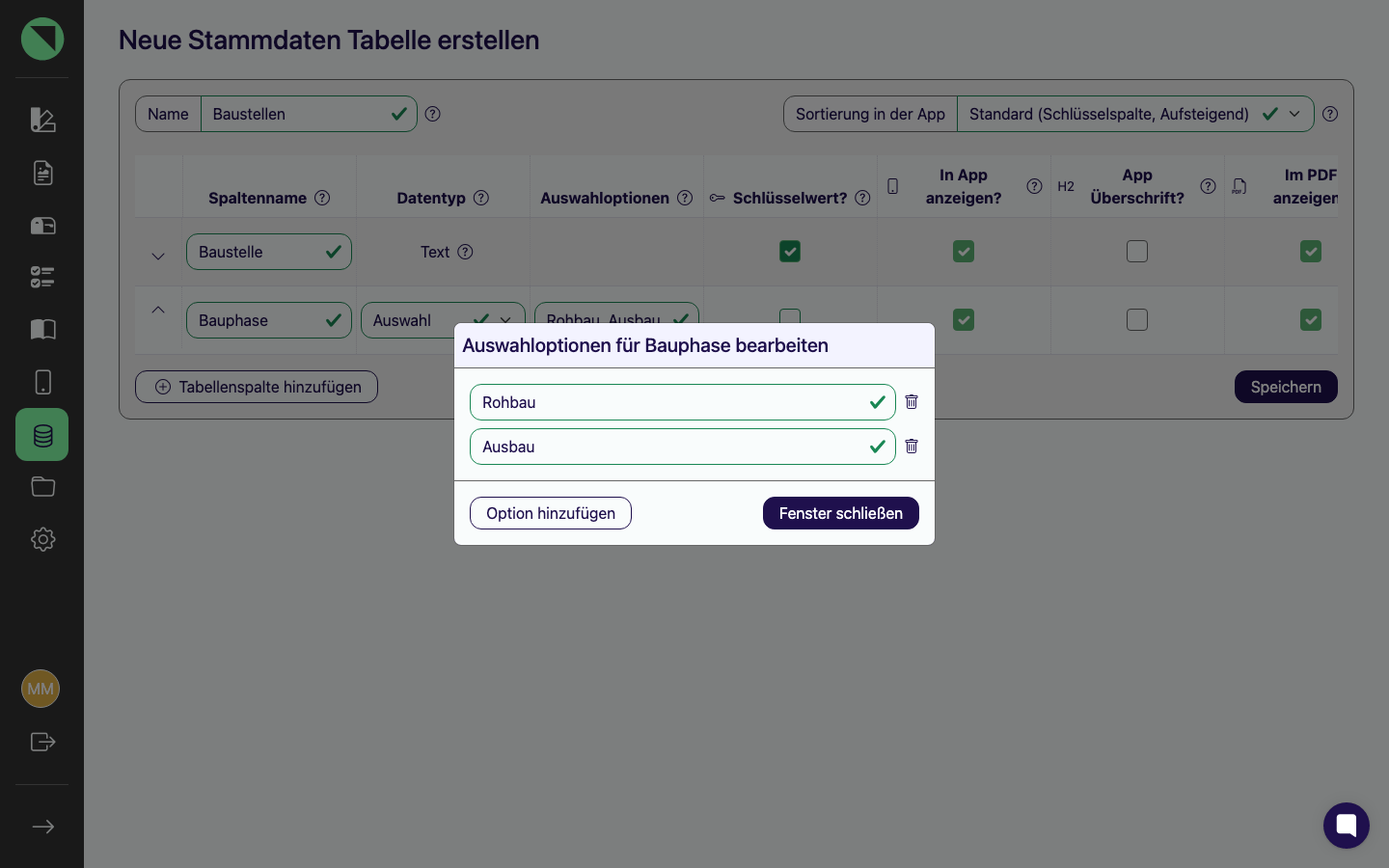 Modal „Auswahloptionen für Bauphase bearbeiten" mit den angelegten Optionen Rohbau und Ausbau sowie den Buttons Option hinzufügen und Fenster schließen
