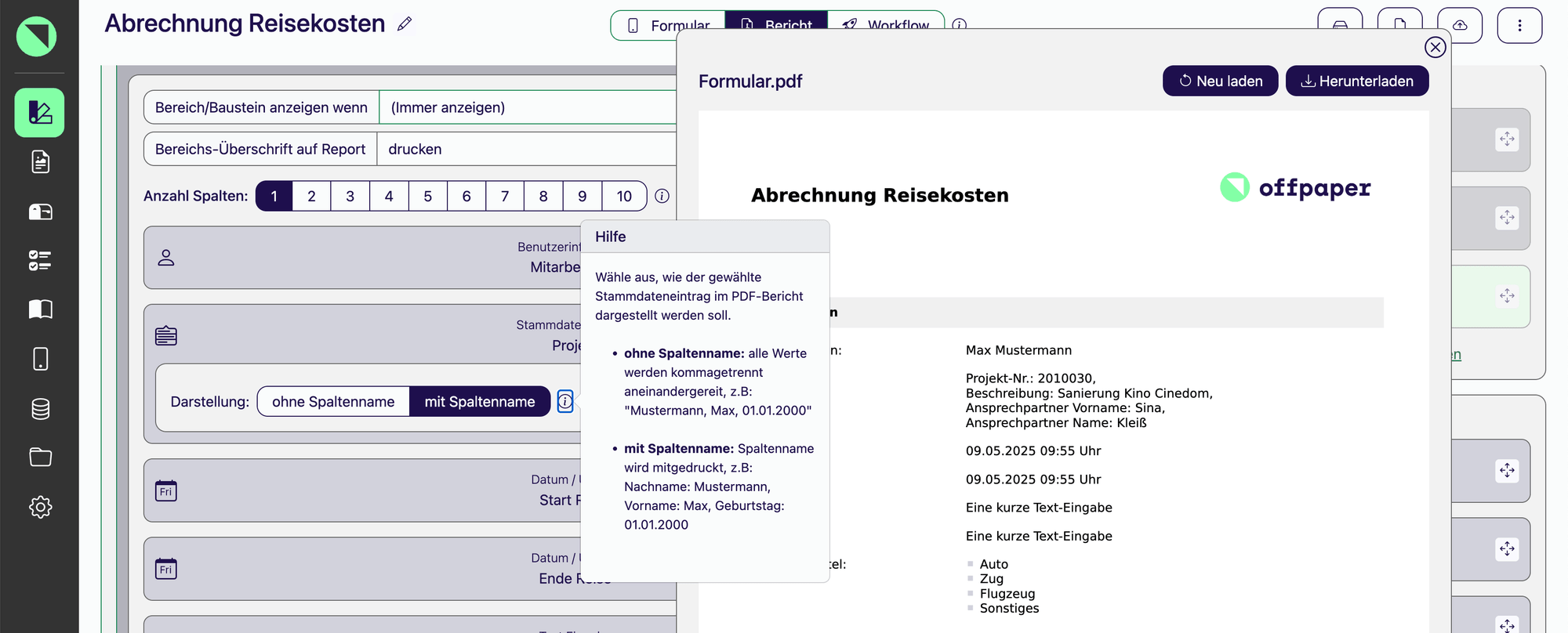 Bericht-Designer mit der Auswahl ohne Spaltenname oder mit Spaltenname beim Stammdaten-Baustein, daneben der geöffnete Hilfe-Hinweis mit Beispielen für beide Darstellungen und die PDF-Vorschau