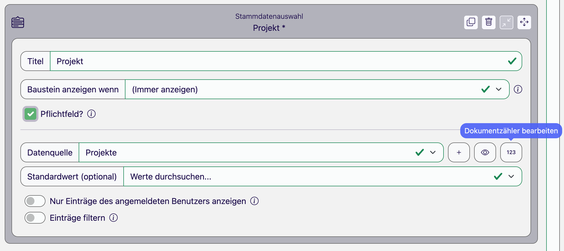 Baustein Stammdatenauswahl im Formular-Designer, neben der Datenquelle Projekte steht der Tooltip Dokumentzähler bearbeiten über der Schaltfläche mit den Ziffern 123