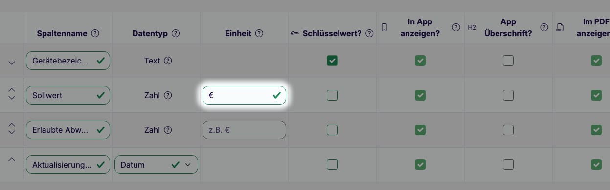 Ausschnitt der Tabellenkonfiguration: die Spalte Einheit erscheint neben dem Datentyp, bei der Zahlenspalte Sollwert ist das Feld mit € ausgefüllt, bei einer weiteren Zahlenspalte zeigt es den Platzhalter z.B. €, bei Text- und Datumsspalten bleibt es leer