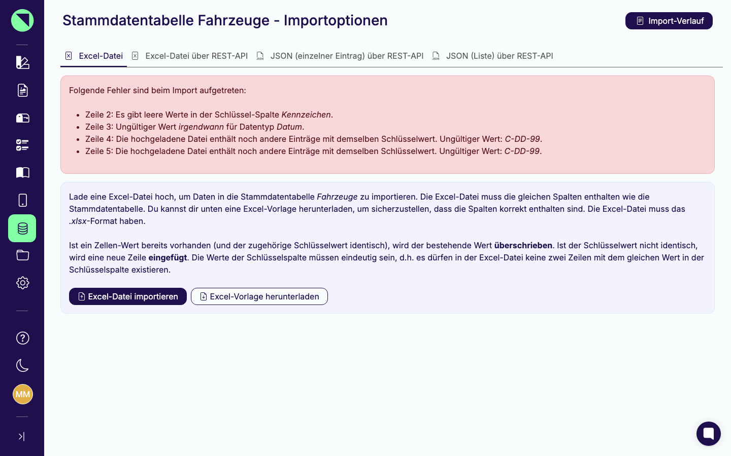 Fehlerliste nach einem fehlgeschlagenen Excel-Import der Tabelle Fahrzeuge mit mehreren Zeilenangaben - leerer Schlüsselwert, ungültiger Datumswert und doppelter Schlüsselwert