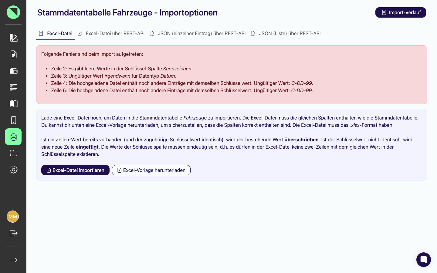 Fehlerliste nach einem fehlgeschlagenen Excel-Import der Tabelle Fahrzeuge mit mehreren Zeilenangaben - leerer Schlüsselwert, ungültiger Datumswert und doppelter Schlüsselwert