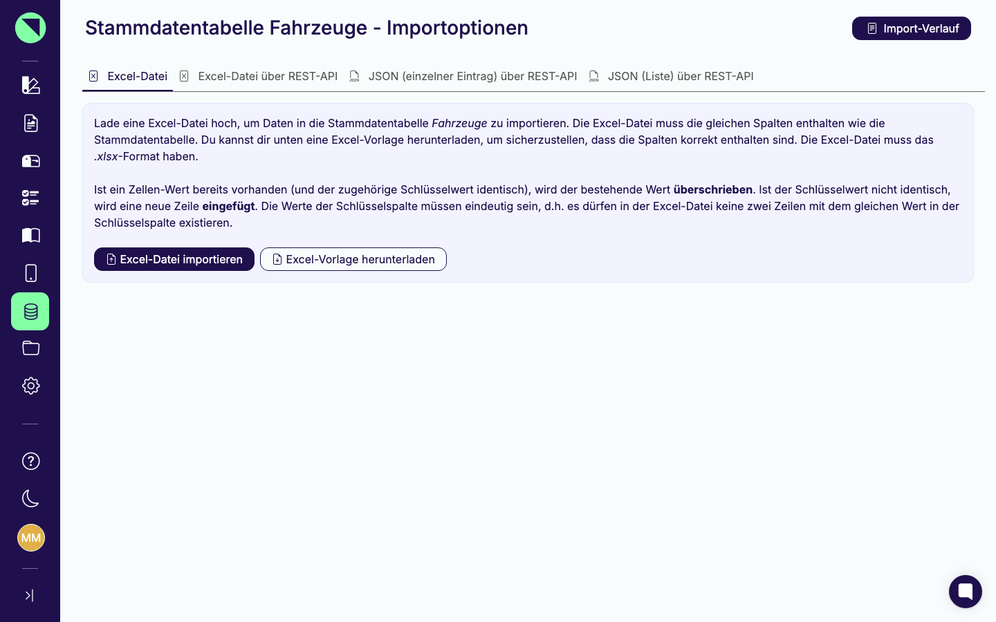 Importoptionen-Seite der Tabelle Fahrzeuge mit den vier Reitern Excel-Datei, Excel-Datei über REST-API, JSON (einzelner Eintrag) über REST-API und JSON (Liste) über REST-API sowie dem Button Import-Verlauf oben rechts