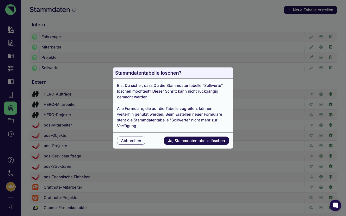 Dialog „Stammdatentabelle löschen?" mit Bestätigungstext und den Buttons Abbrechen und Ja, Stammdatentabelle löschen