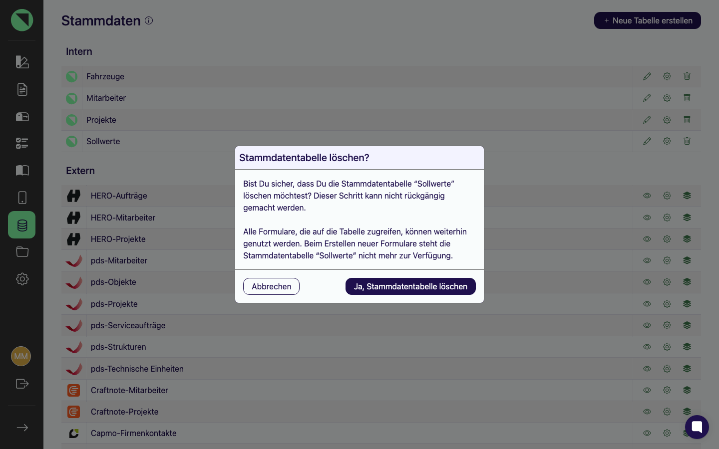 Dialog „Stammdatentabelle löschen?" mit Bestätigungstext und den Buttons Abbrechen und Ja, Stammdatentabelle löschen
