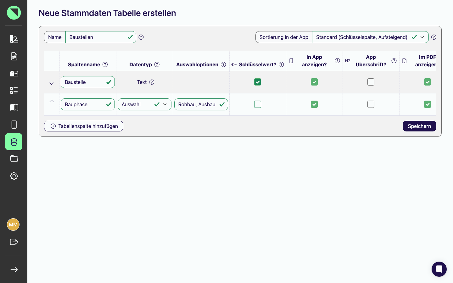 Formular „Neue Stammdaten Tabelle erstellen" mit dem Namen Baustellen, der automatischen ersten Spalte Baustelle als Schlüsselwert und einer zweiten Spalte Bauphase vom Datentyp Auswahl mit den Auswahloptionen Rohbau und Ausbau