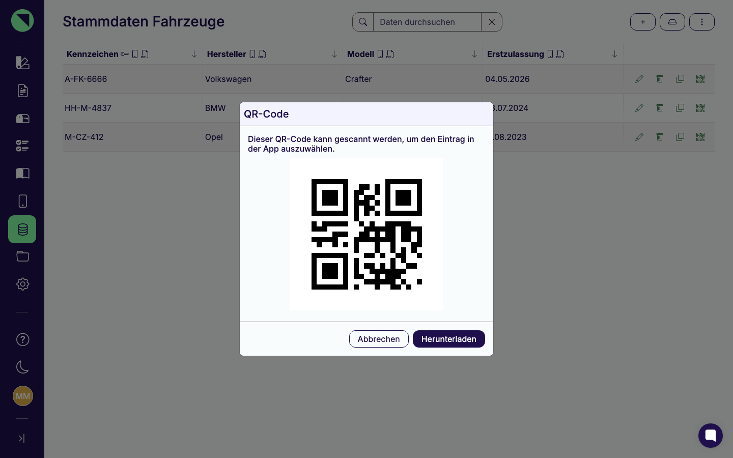 Geöffnetes QR-Code-Modal eines Stammdaten-Eintrags mit dem Hinweistext und den Buttons Abbrechen und Herunterladen