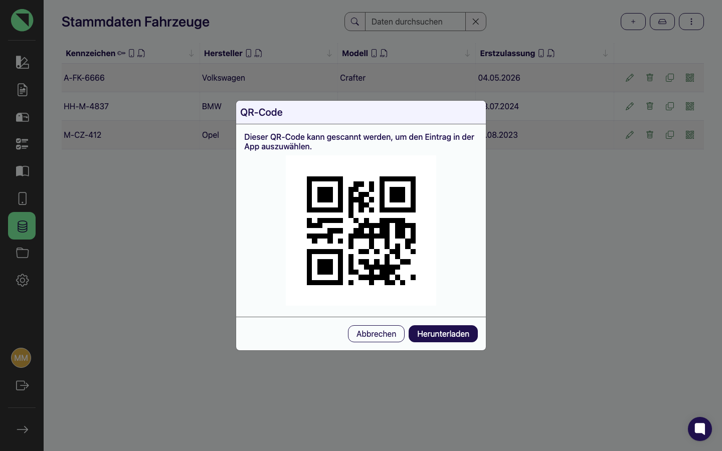 Geöffnetes QR-Code-Modal eines Stammdaten-Eintrags mit dem Hinweistext und den Buttons Abbrechen und Herunterladen