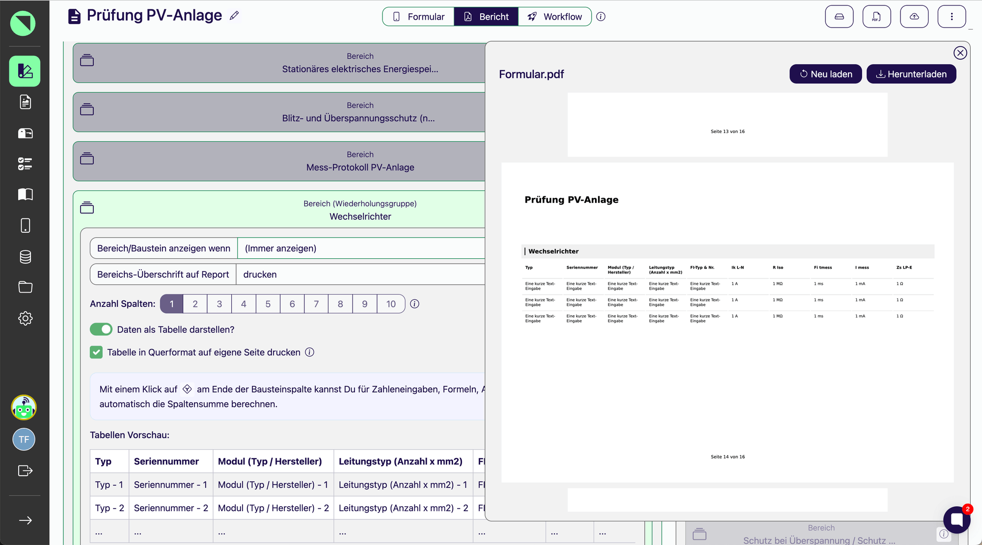 Bericht-Designer mit der Wiederholungsgruppe Wechselrichter: aktivierte Optionen Daten als Tabelle darstellen und Tabelle in Querformat auf eigene Seite drucken, daneben die PDF-Vorschau mit der breiten Tabelle auf einer eigenen Seite