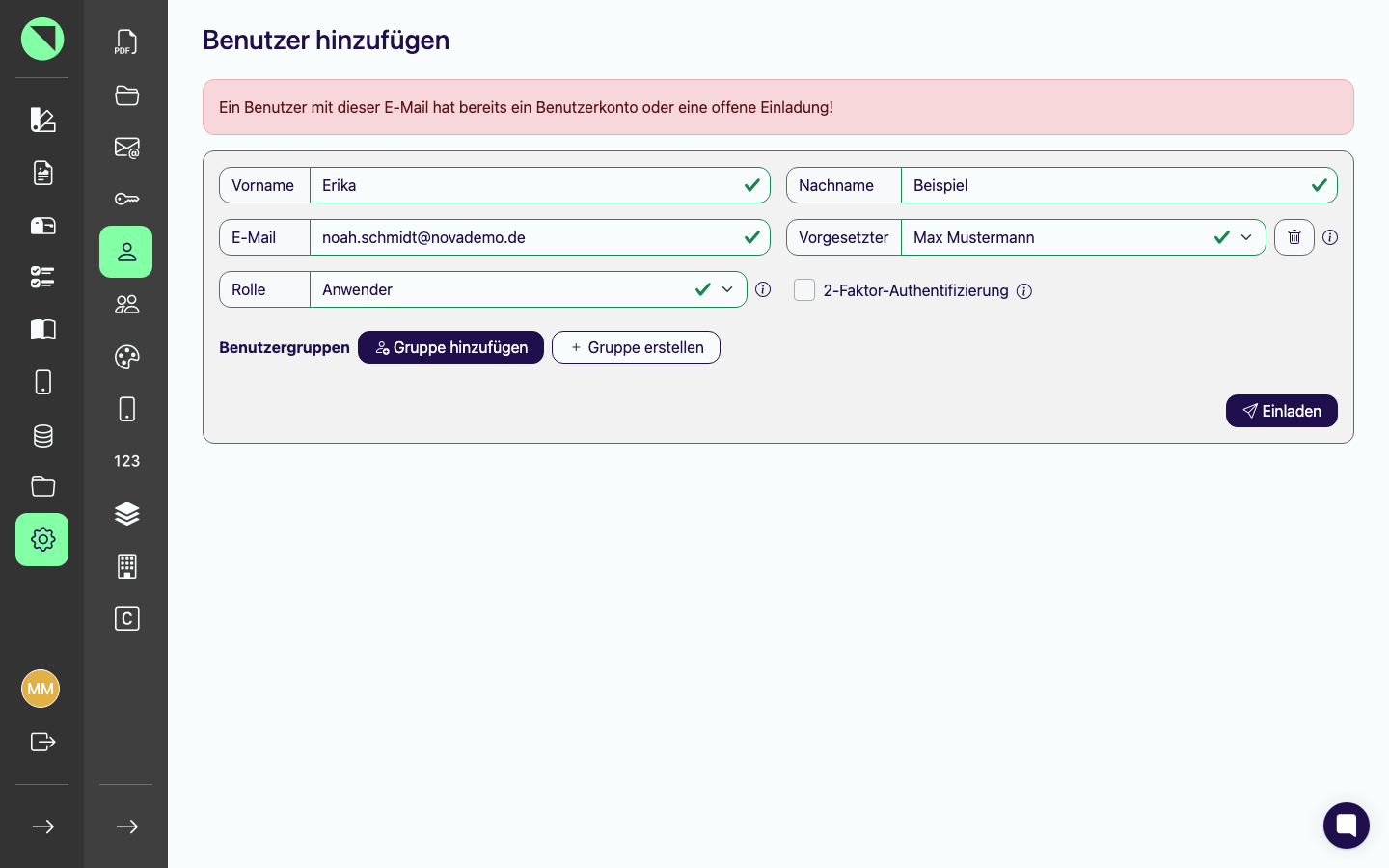 Fehlermeldung Ein Benutzer mit dieser E-Mail hat bereits ein Benutzerkonto oder eine offene Einladung nach dem Versuch, eine bereits vergebene E-Mail-Adresse einzuladen