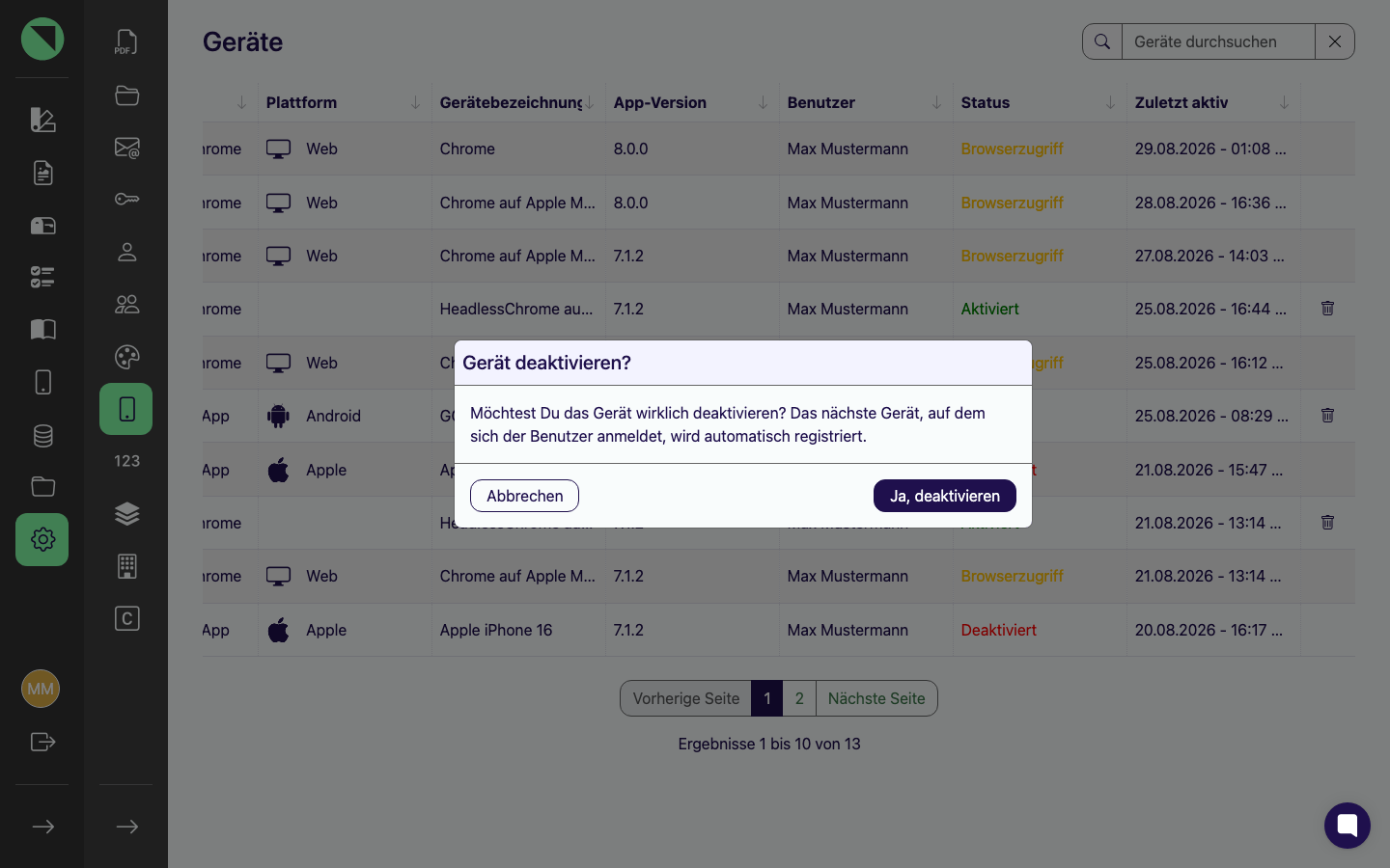 Bestätigungsdialog Gerät deaktivieren? mit den Buttons Abbrechen und Ja, deaktivieren