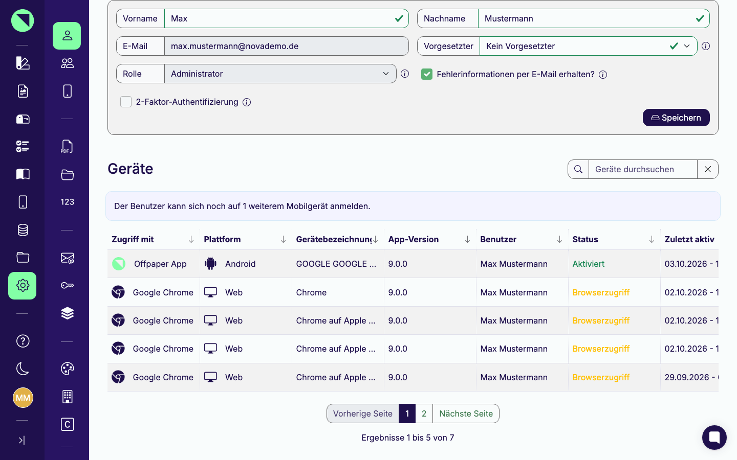 Geräte-Abschnitt der Benutzer-Detailseite mit Browserzugriffen in der Tabelle und dem Hinweis, auf wie vielen weiteren Mobilgeräten sich der Benutzer noch anmelden kann