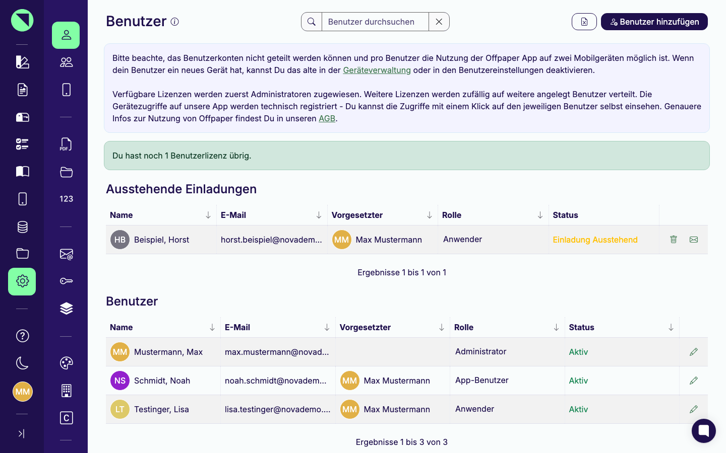 Benutzerliste mit den Spalten Name, E-Mail, Vorgesetzter, Rolle und Status, Suchfeld „Benutzer durchsuchen" und den Buttons Excel-Export und Benutzer hinzufügen