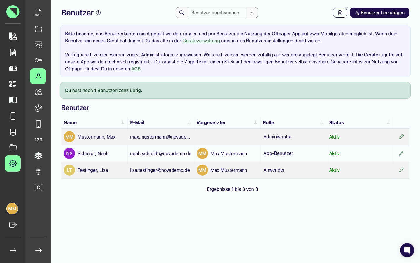 Benutzerliste mit den Spalten Name, E-Mail, Vorgesetzter, Rolle und Status, Suchfeld „Benutzer durchsuchen" und den Buttons Excel-Export und Benutzer hinzufügen