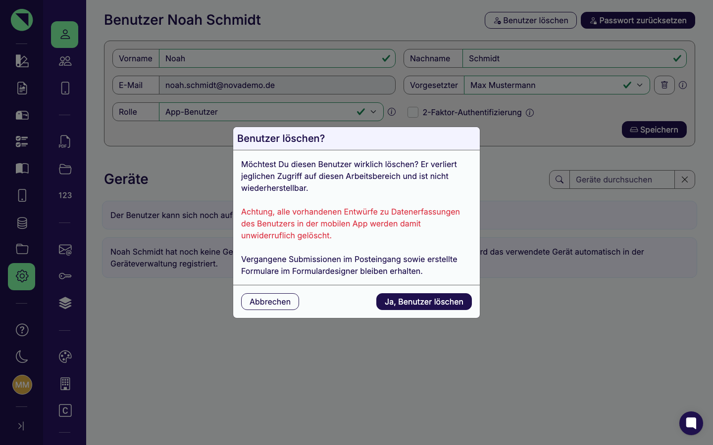 Bestätigungsdialog „Benutzer löschen?" mit dem vollständigen Warntext und den Buttons Abbrechen und Ja, Benutzer löschen