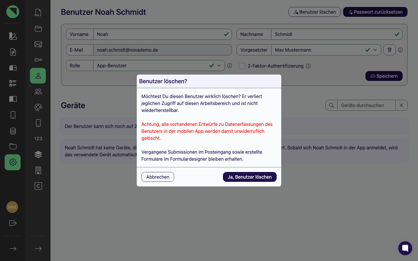 Bestätigungsdialog „Benutzer löschen?" mit dem vollständigen Warntext und den Buttons Abbrechen und Ja, Benutzer löschen