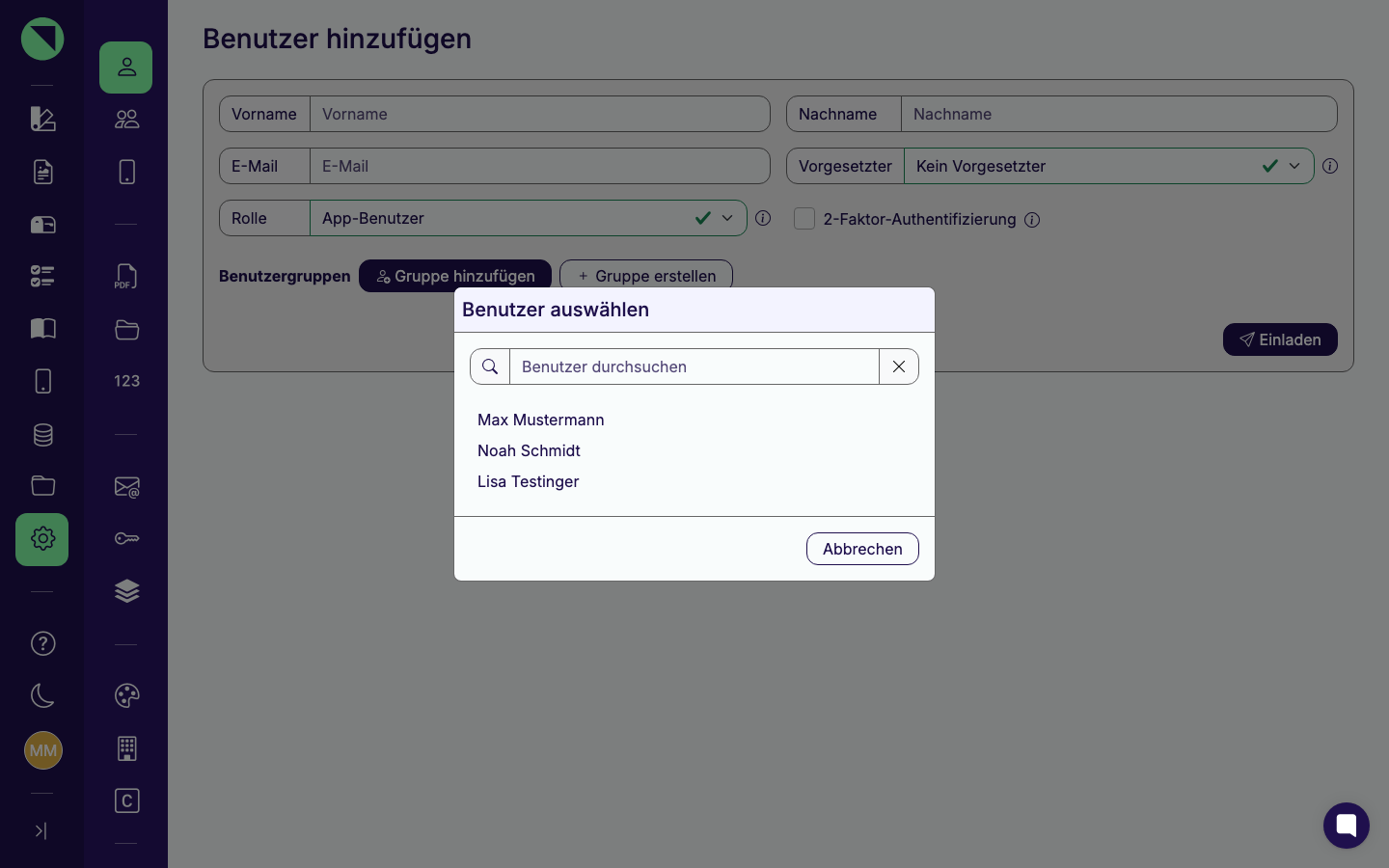 Geöffnetes Modal „Benutzer auswählen" mit Suchfeld „Benutzer durchsuchen" und der Liste der auswählbaren Benutzer