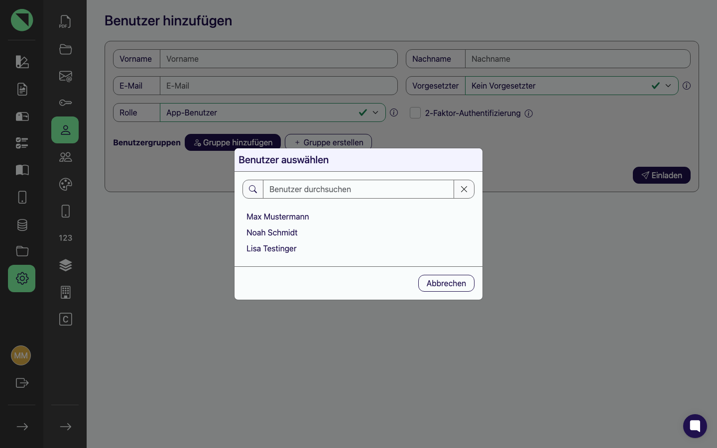 Geöffnetes Modal „Benutzer auswählen" mit Suchfeld „Benutzer durchsuchen" und der Liste der auswählbaren Benutzer