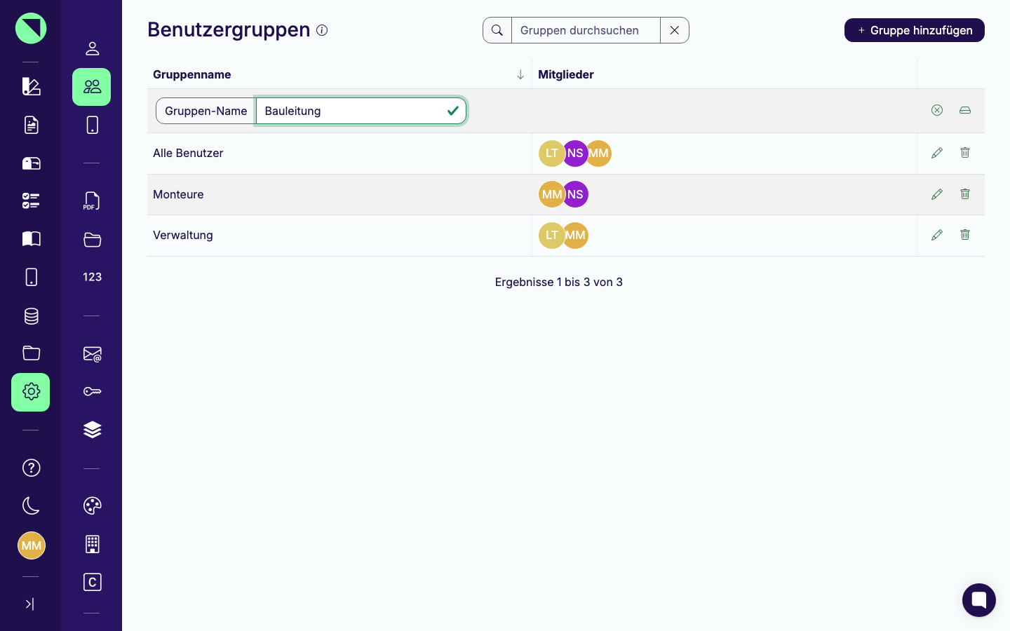 Neue Eingabezeile oben in der Tabelle mit ausgefülltem Feld Gruppen-Name, kurz vor dem Bestätigen