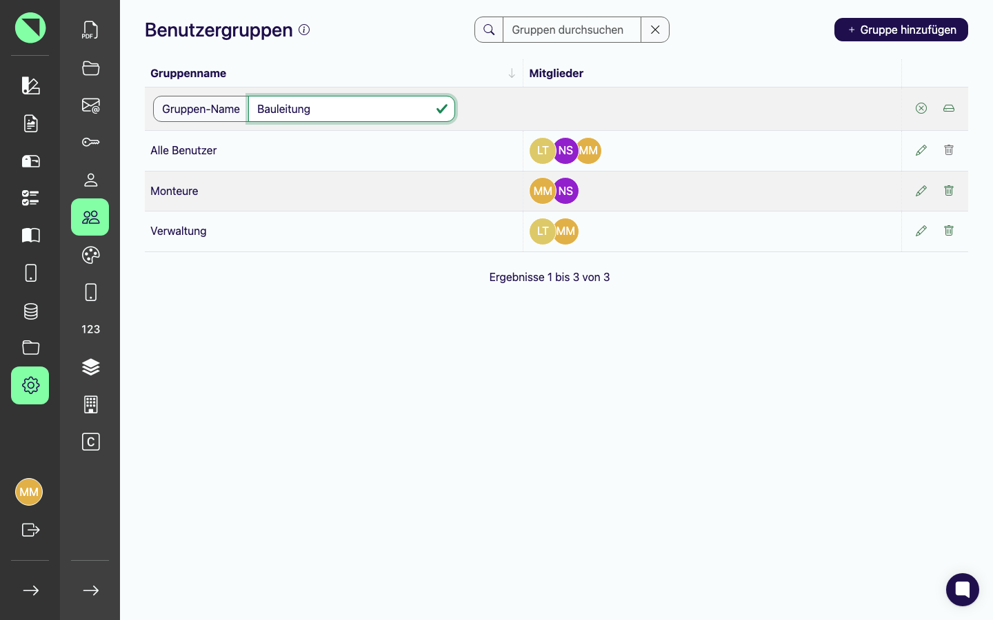 Neue Eingabezeile oben in der Tabelle mit ausgefülltem Feld Gruppen-Name, kurz vor dem Bestätigen