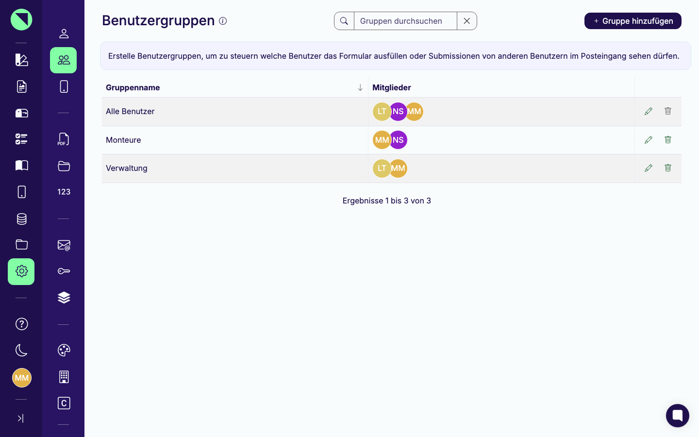 Liste der Benutzergruppen mit mehreren eigenen Gruppen sowie der Standardgruppe „Alle Benutzer", Spalten Gruppenname und Mitglieder, Suchfeld „Gruppen durchsuchen"