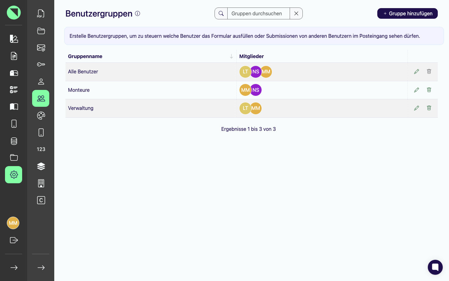 Liste der Benutzergruppen mit mehreren eigenen Gruppen sowie der Standardgruppe „Alle Benutzer", Spalten Gruppenname und Mitglieder, Suchfeld „Gruppen durchsuchen"