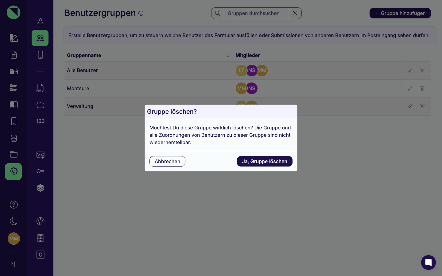 Bestätigungsdialog „Gruppe löschen?" mit dem vollständigen Warntext und den Buttons Abbrechen und Ja, Gruppe löschen