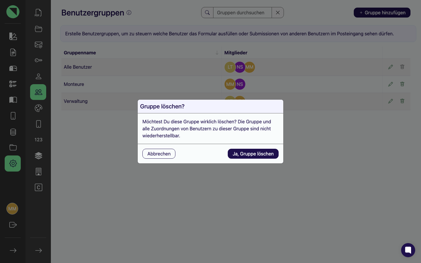 Bestätigungsdialog „Gruppe löschen?" mit dem vollständigen Warntext und den Buttons Abbrechen und Ja, Gruppe löschen
