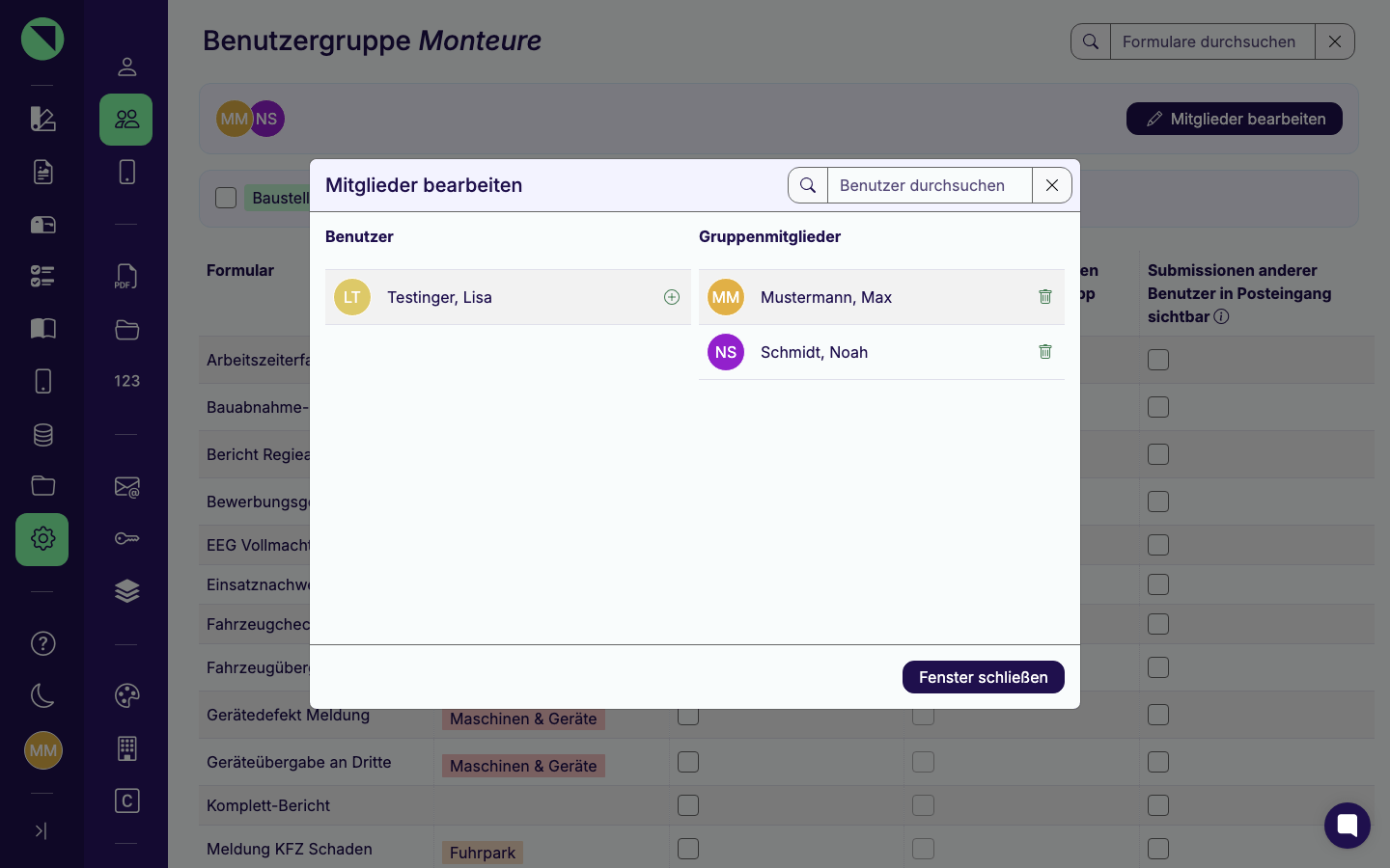 Geöffnetes Modal „Mitglieder bearbeiten" mit gefüllter linker Spalte (Benutzer) und gefüllter rechter Spalte (Gruppenmitglieder), inklusive des Suchfelds „Benutzer durchsuchen" oben im Modal
