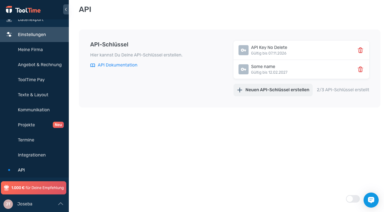 ToolTime-Einstellungen mit dem geöffneten Bereich API und der Schaltfläche zum Erstellen eines neuen API-Schlüssels