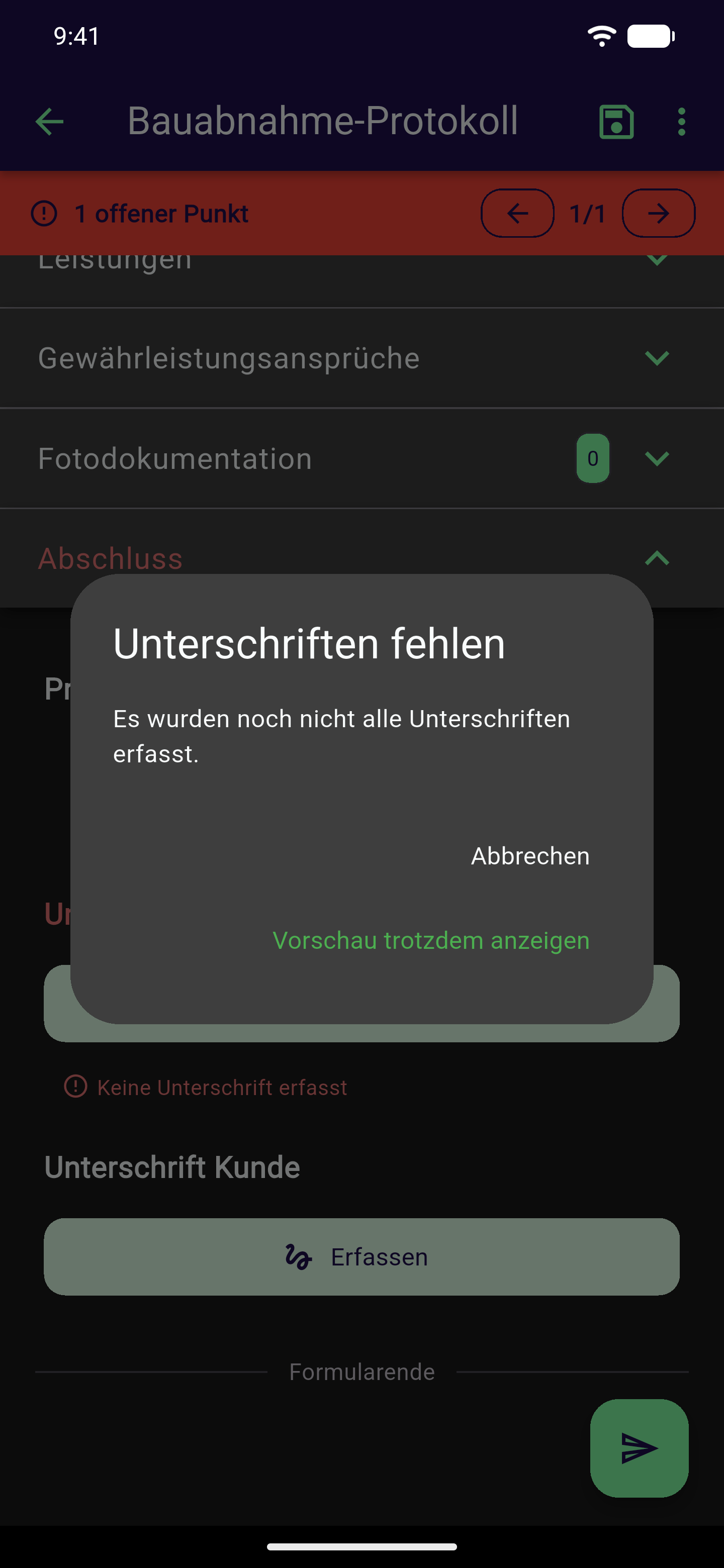 Dialog "Unterschriften fehlen" mit dem Hinweis, dass noch nicht alle Unterschriften erfasst wurden, und den Optionen Abbrechen und Vorschau trotzdem anzeigen
