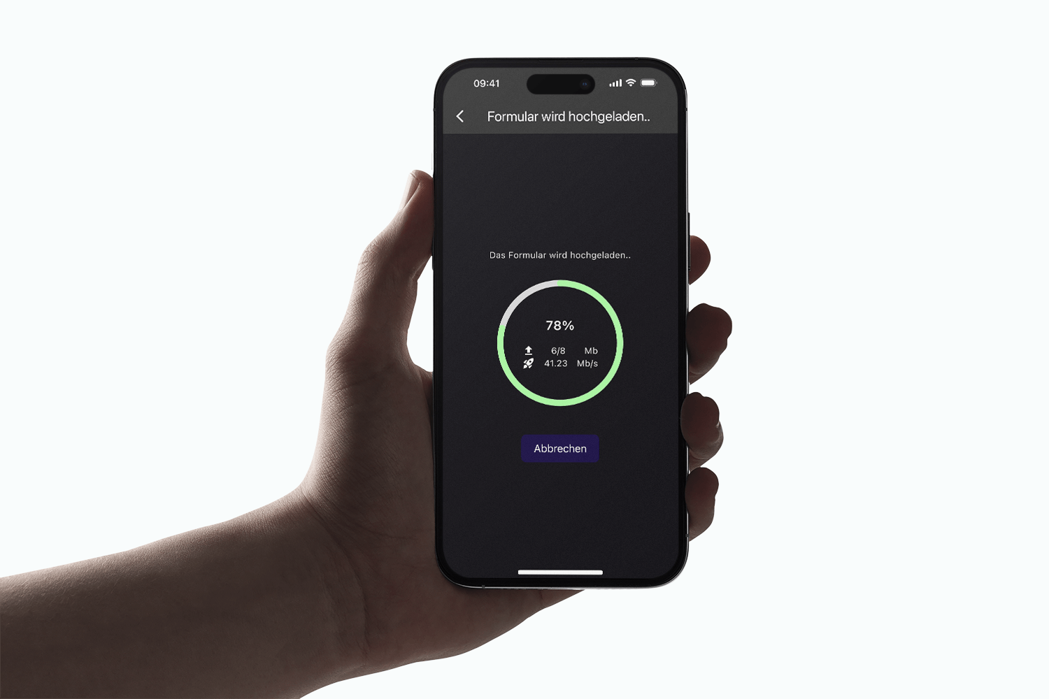 Hand hält ein Smartphone, auf dem die Offpaper App das Formular hochlädt: ein grüner Fortschrittsring mit 78 Prozent, dazu übertragene Datenmenge und Datenrate sowie ein Abbrechen-Button