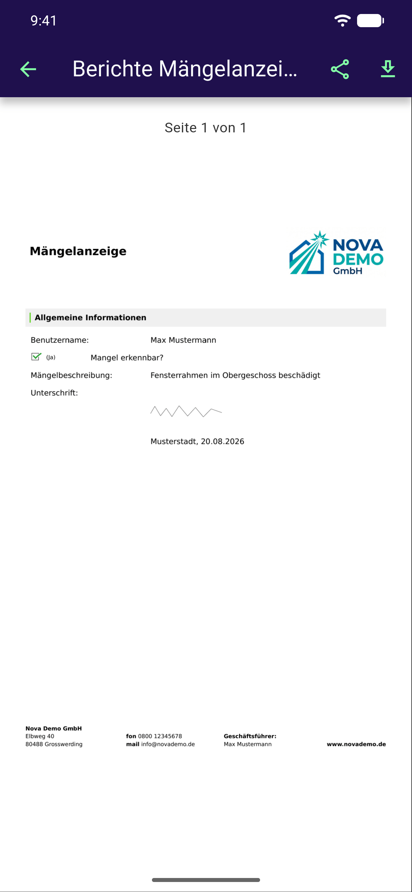 Berichte-Bildschirm mit dem fertigen PDF einer abgesendeten Mängelanzeige, oben rechts die Symbole zum Teilen und Herunterladen