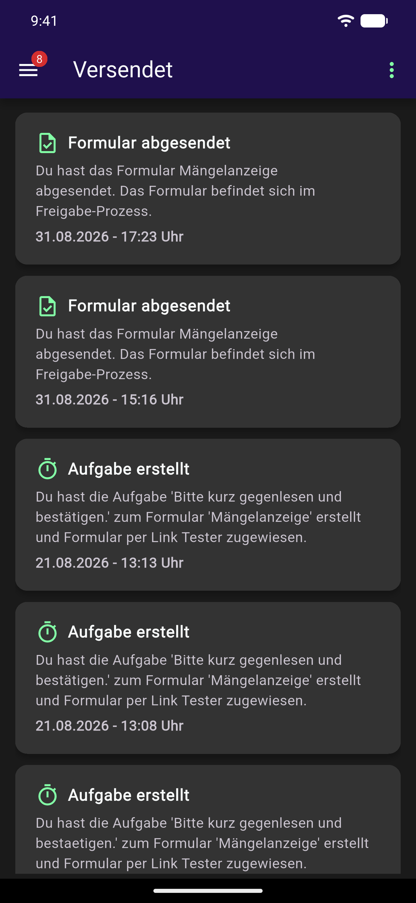 Liste Versendet mit den Kartentypen "Aufgabe erstellt" und mehreren "Formular abgesendet" (eine davon im Status Revision), jeweils mit Zeitpunkt