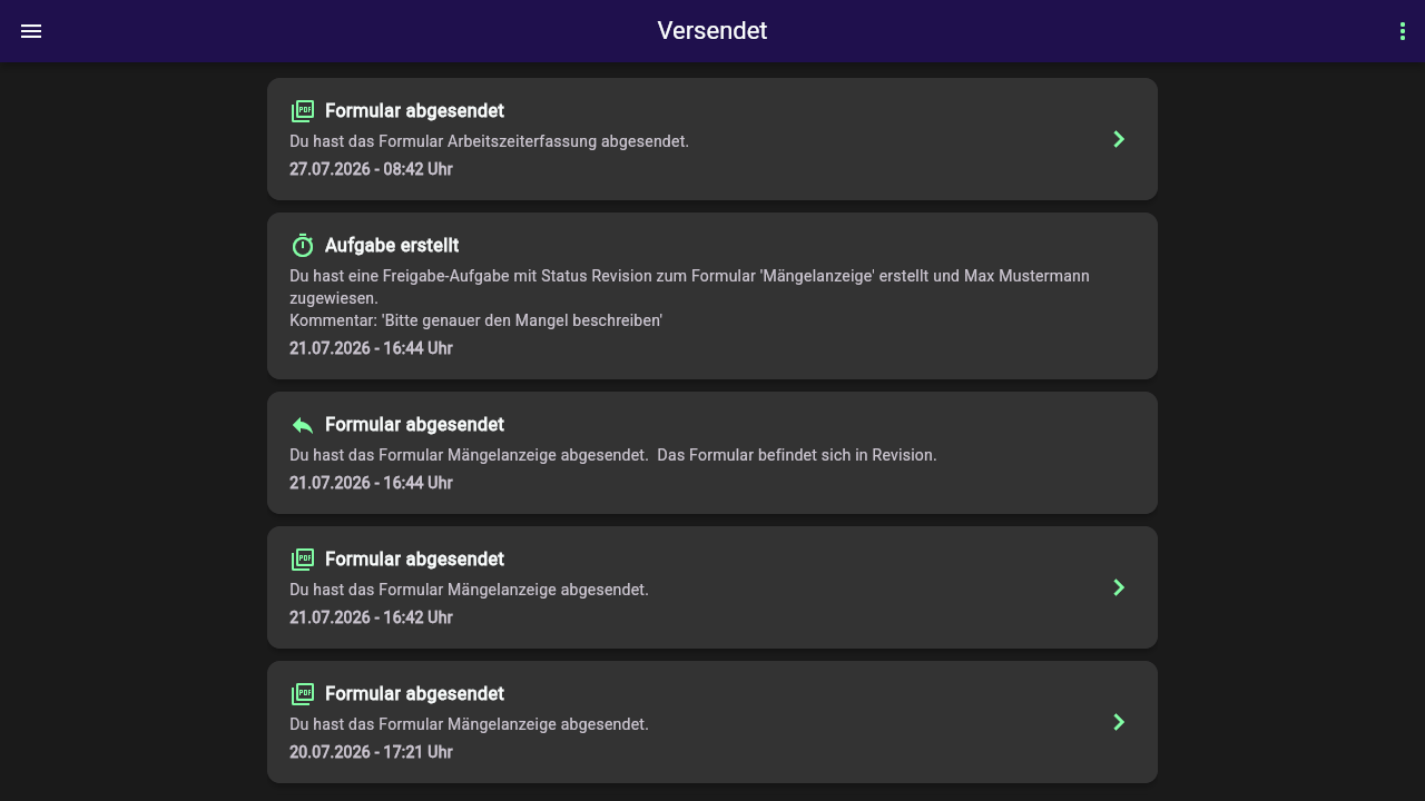 Liste Versendet mit den Kartentypen "Aufgabe erstellt" und mehreren "Formular abgesendet" (eine davon im Status Revision), jeweils mit Zeitpunkt