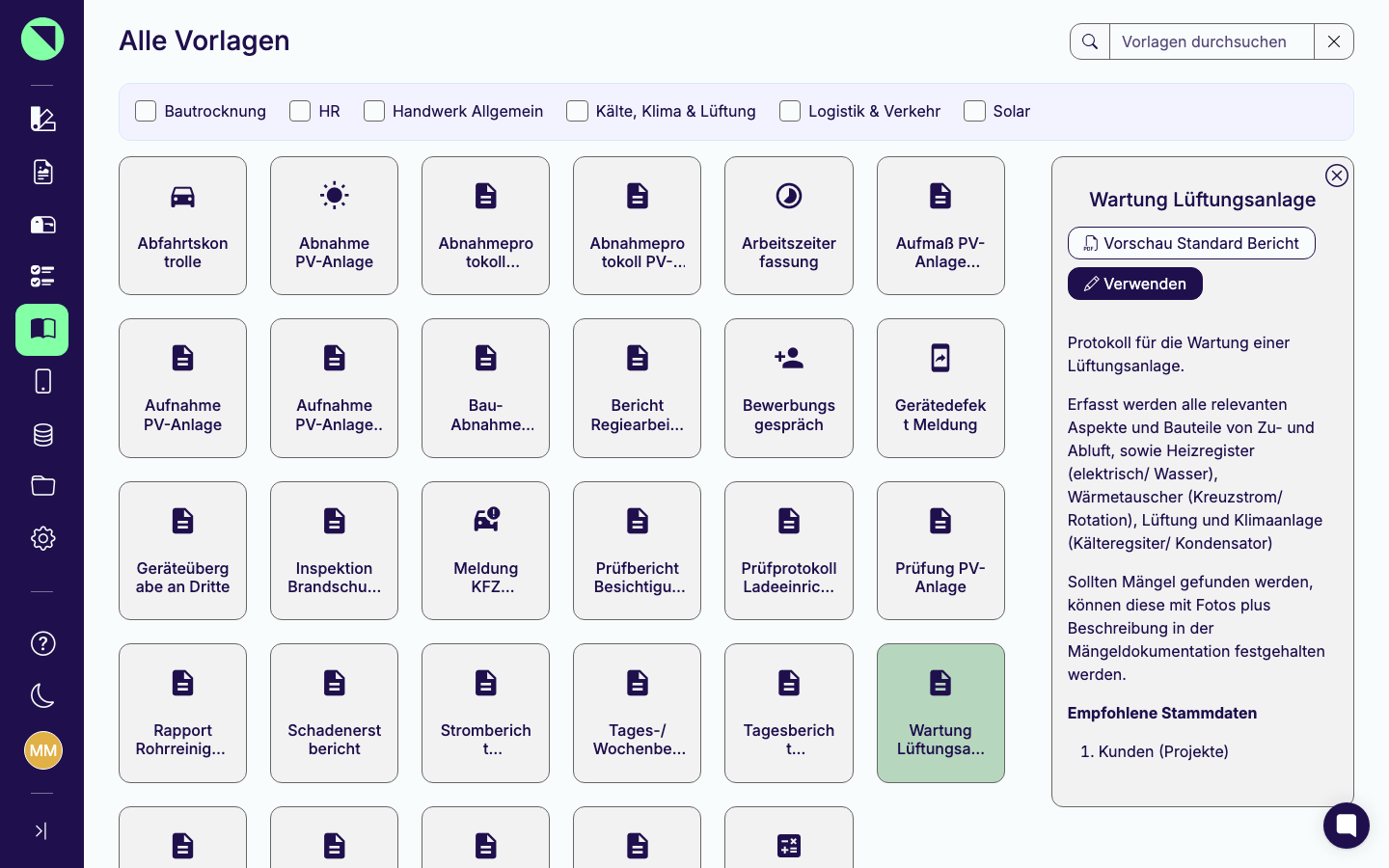 Geöffnetes Detailpanel der Vorlage „Wartung Lüftungsanlage" mit Name, Beschreibung, dem Button Vorschau Standard Bericht und dem Button Verwenden