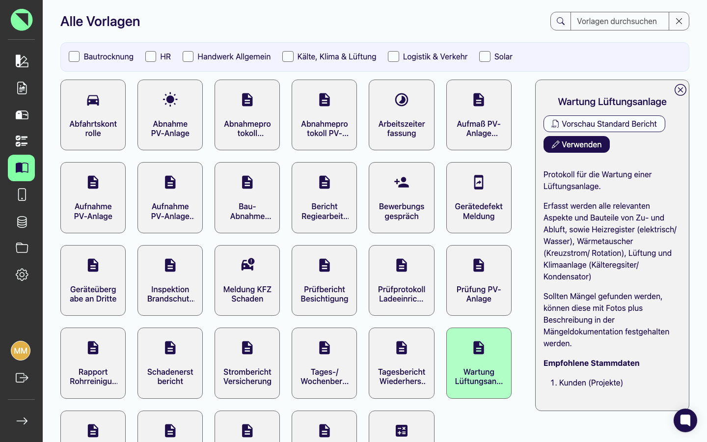 Geöffnetes Detailpanel der Vorlage „Wartung Lüftungsanlage" mit Name, Beschreibung, dem Button Vorschau Standard Bericht und dem Button Verwenden