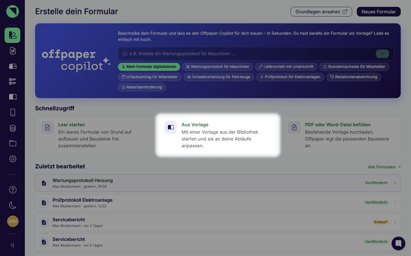 Startseite „Erstelle dein Formular" des Formular-Designers mit hervorgehobener Kachel „Aus Vorlage" im Schnellzugriff zwischen „Leer starten" und „PDF oder Word-Datei befüllen"